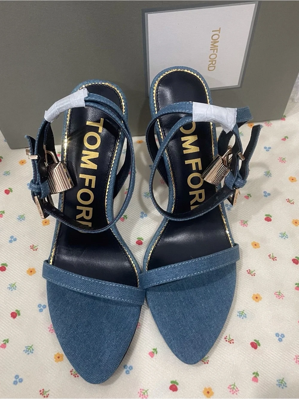 Tom Ford Denim Blue Pointed-Toe Ankle-Strap Heels with Gold Accents